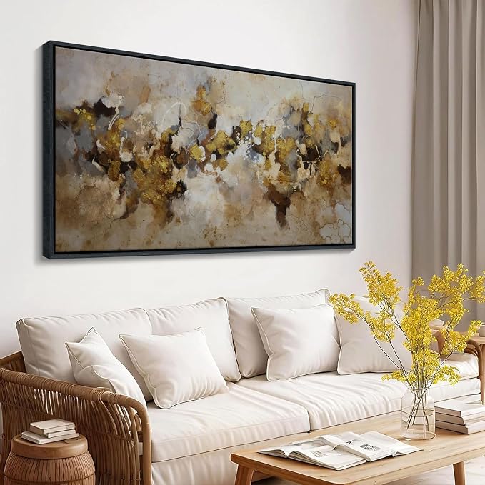 YDSUNE Brown and Yellow Abstract Wall Art - Framed Minimalist Canvas Painting Texture Modern Wall Decor Picture for Living Room Bedroom Walls Arwork Decoration Size 20×40IN