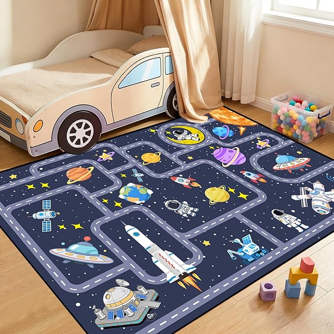 Space Rug for Boys Room 3x5 Feet, Solar System Kids Rugs for Bedroom, Non Slip Galaxy Play Mat, Educational Planet Carpet with Track for Playroom Nursery Classroom Decor