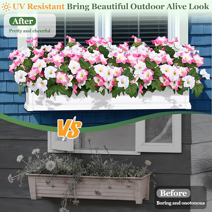 MARTINE MALL Artificial Flowers for Outdoors, 4 Bundles Realistic Fake Outdoor Flowers, UV Resistant Silk Petunia Flower for Outside Look Real Faux Flower Plants for Outdoor Porch Decor, Pink White