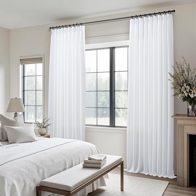 Pinch Pleat Extra Wide White Linen Curtains 84 Inches Long for Patio Sliding Glass Door 60 Inch Wide Pleated Drape Hooks Rings Semi Sheer 60x84 Curtain for Living Room Farmhouse Decor 2 Panel Back Tab