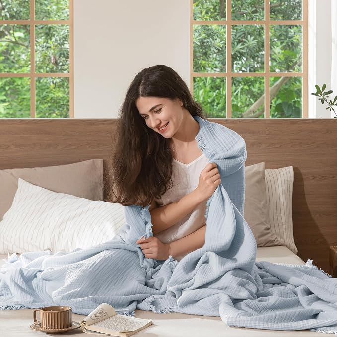 MooMee Muslin Blanket - 100% Cotton 4-Layer Gauze Throw Blanket with All-Around Fringe, Soft Breathable Lightweight Cooling Summer Blankets for Bed Couch(Dusty Blue,King 104" x 90")