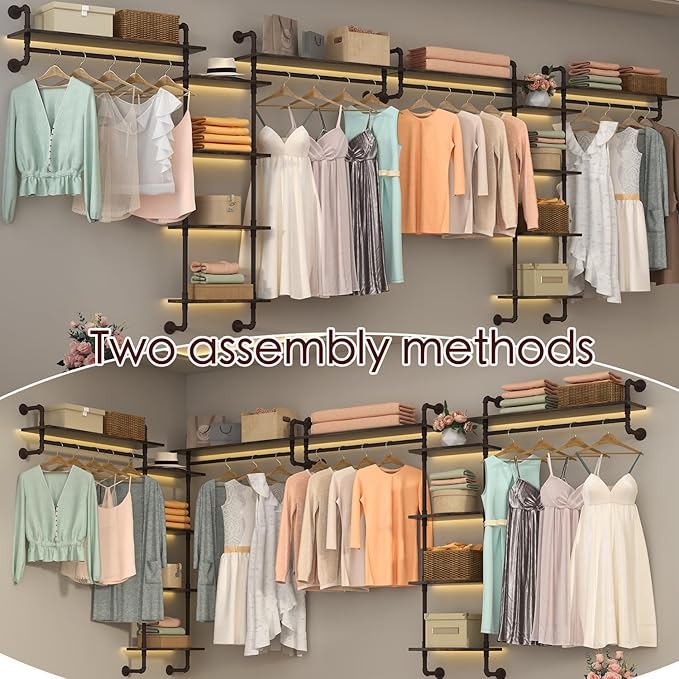 Helsin 5-Tiers 74inch Large Rustic Industrial Pipe Floating Shelving, Wall Mounted Heavy Duty Clothes Rack with Double Hanging Rods Display Storage Rack for Bedroom Organization & Home Décor