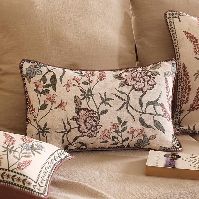 ISAENNE Designer Vintage Linen Throw Pillow Cover,20"x12"-Helena B | Elegant French Rectangle Pillow Cover,Concealed Zipper Design,Floral Pattern,Sofas,Bedroom,Living Room,Lounge Chairs