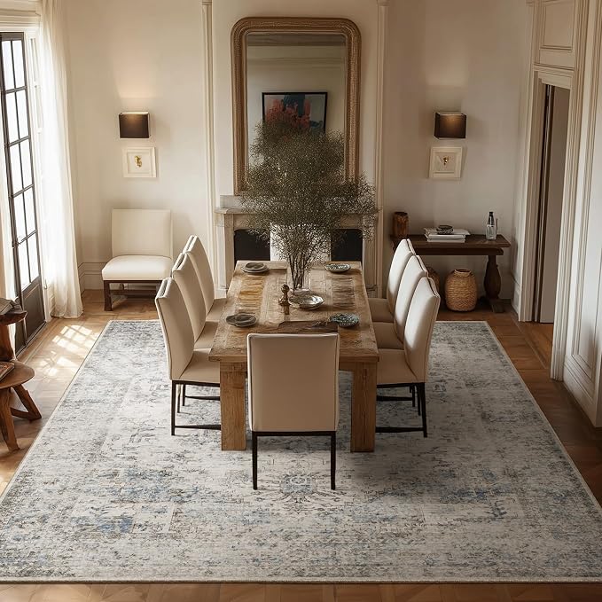Machine Washable Rugs for Living Room: 10x14 Area Rugs for Bedroom Ultra Soft Non-Slip Low Pile Vintage Distress Boho Large Carpet for High-Traffic Dining Room - Farmhouse Decor