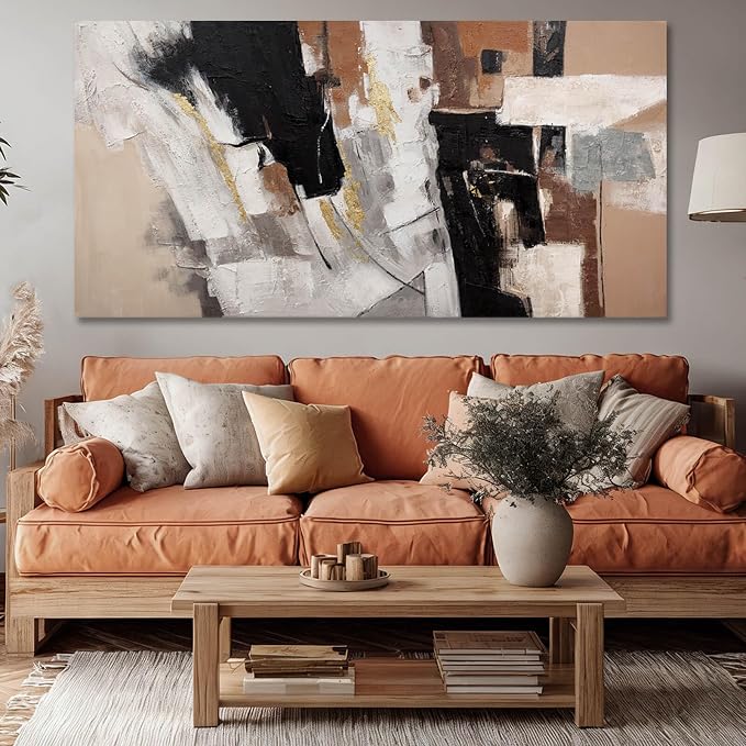 MLART99 Large Abstract Canvas Wall Art Black White Gold and Brown Geometric Painting Textured Modern Artwork for Bedroom Living Room Home Decor 29x58 Inch