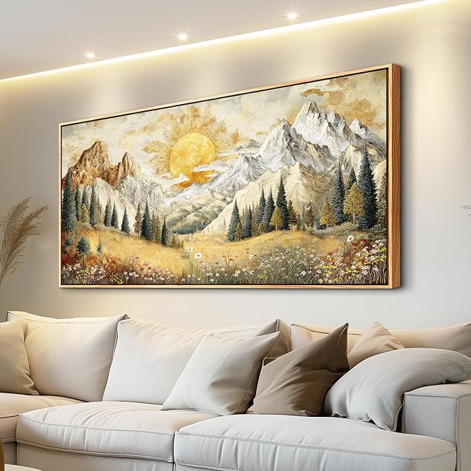 XIGUANGART Mountain Wall Art,Framed Large Canavs Wall Art,Wildflower Forest Art,Modern Farmhouse Decor,Living Room Pictures Paintings,Sunrise Abstract Art,Landscape Bedroom Office Decorations 30x60