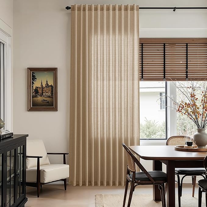 Nanspring Sand Beige Curtains 96 Inches Long for Living Room Flax Linen Light Filtering Luxury Simple Modern Semi Curtains Back Tab Privacy Semi Sheer Curtain for Bedroom Office 52x96, 2 Panels