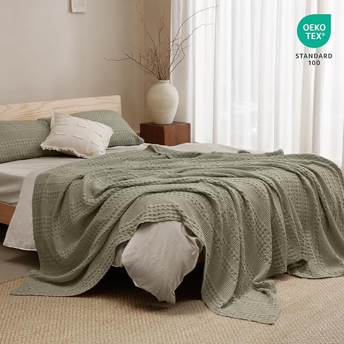 PHF 100% Cotton Waffle Blanket Queen Size for Bed, Lightweight Breathable and Soft for Summer, Luxury Aesthetic Waffle Weave Blanket for Home Decor & Gifts for Women, 90"x90", Dusty Sage
