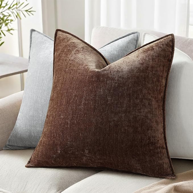 decorUhome Summer Couch Throw Pillow Covers 20x20 Set of 2, Decorative Soft Velvet Modern Cozy Chenille Pillow Cases with Elegant Design for Sofa Bed Living Room Home Decor, Dark Brown