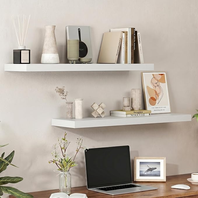 Heimlove Floating Shelves for Wall 36 Inches Long,9.3" Deep White Floating Shelf Set of 2,Wall Mounted Shelves for Bathroom Bedroom Living Room Kitchen Office,Shelf for Books Storage,Home Decor