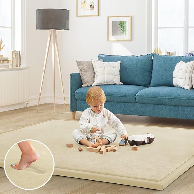 Baby Play Mat for Floor Nursery Rug Muscle Mat Area Rug Playroom Rug 50"x50" Playpen Mat Elastic Foam 1.3" Thick Crawling Mat for Babies,Toddlers, Infants, Kids,Light Beige