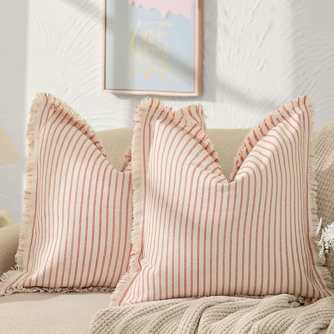 ZWJD Red Throw Pillow Covers 20x20 Set of 2 Striped Pillow Covers with Fringe Chic Cotton Decorative Pillows Square Cushion Covers for Sofa Couch Bed Living Room Farmhouse Decor