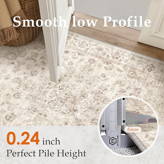 4x4 Washable Neutral Round Rug Beige Vintage Entryway Kitchen Cirlce Rug Non-Slip Soft Low Pile Farmhouse Indoor Carpet for Entrance Bathroom Dining Room