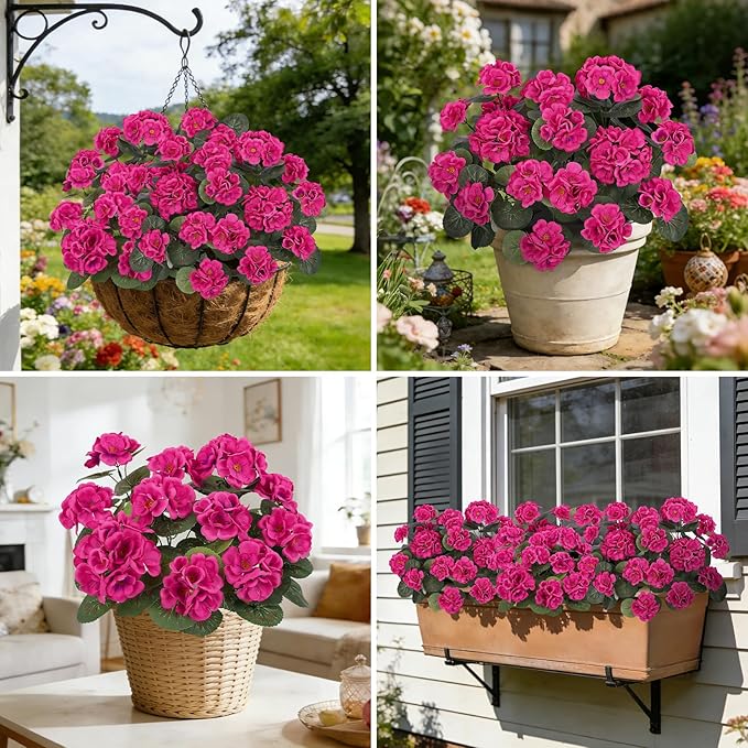 Ouddy Decor Artificial Geranium Flowers for Outdoors, Fake Silk Flowers UV Resistant Faux Geraniums for Vase Planter Garden Patio Balcony Porch Indoor Outdoor Spring Summer Home Decor, 24 Pcs Rose Red