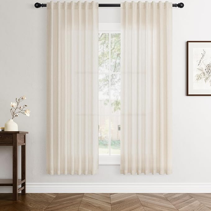Jowels Beige Linen Curtains 72 Inch Long 2 Panels for Living Room | Tan Flax Light Filtering Sheer Curtain,Back Tab Pocket Pleated Look,Farmhouse Textured Privacy Drapes for Bedroom Window