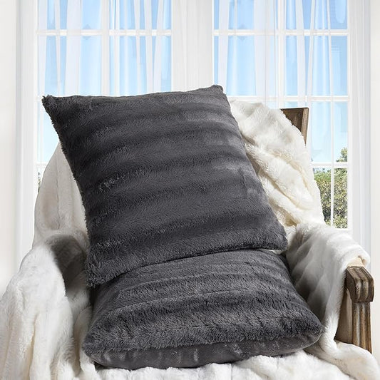 Cheer Collection Faux Fur Throw Pillows - Decorative Pillows for Couch, Bed Throw Pillows, Grey Accent Pillows for Bedroom or Living Room Aesthetic, Set of 2 Furry Throw Pillows, 18”x18”