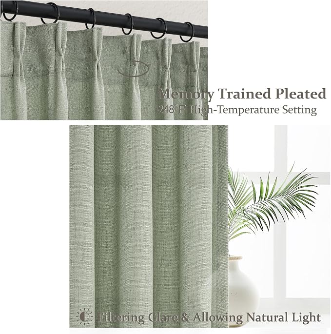 PleatedDrapes Sage Green Farmhouse Curtains for Living Room 96 Inches Long 2 Panels Set, Pinch Pleat Linen Sheer Curtain Light Filtering Privacy for 96 Inch Length Large Window Drape(Hooks & Back Tab)