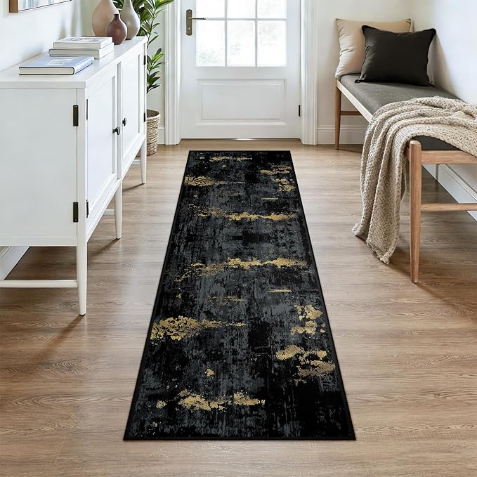 RELEANY Washable Area Rugs 2x7 Non-Slip Modern Abstract Soft for Living Room Entryway Bedroom Nursery, Print Pattern, Dark Black Gold