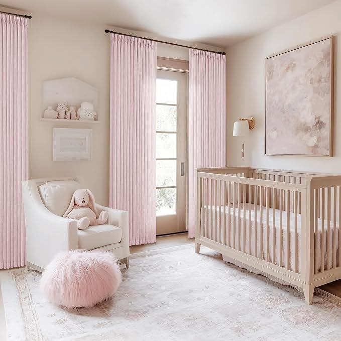 TWODRAPES Pinch Pleated Pink Linen Curtains 120 Inches Long for Girls Bedroom Living Room Light Filtering Extra Long Pleated Semi Sheer 120 Inch Curtains Drape Window Panels Pink Blush Babys Nursery