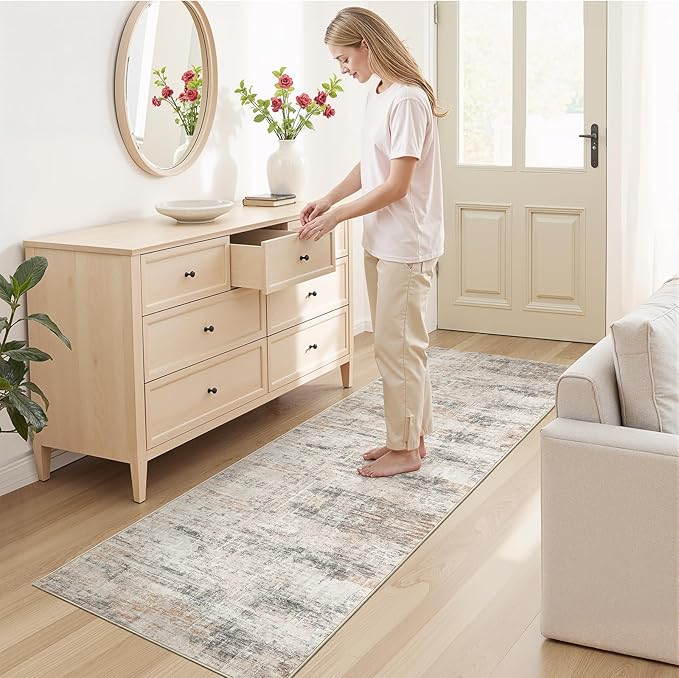Lofus 2X 8 Area Rug for Hallways, Gold Abstract Washable Runner Rugs with Non Slip Rubber Backing, Low Pile Soft Carpet Runner for Kitchen Bathroom Bedroom Laundry