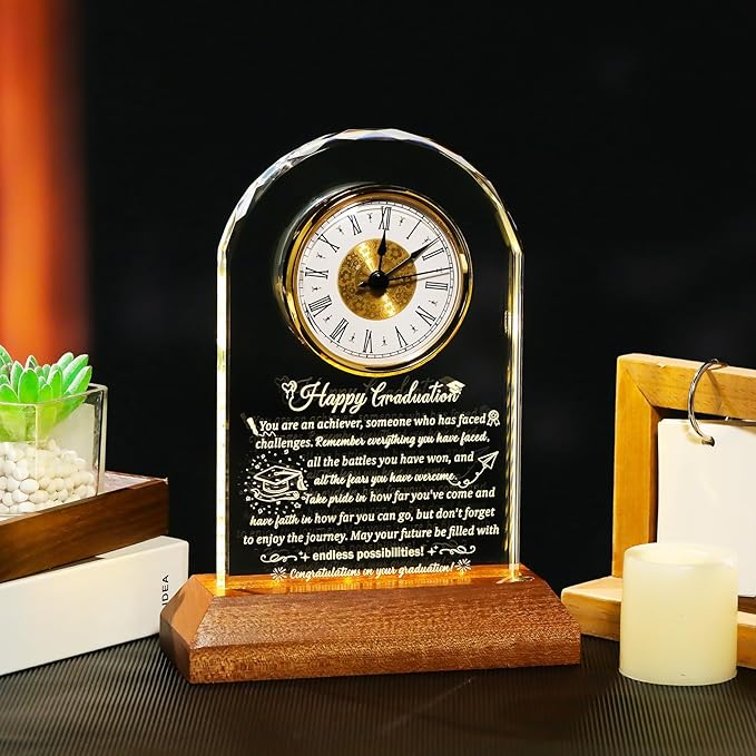 Arikyrist Glass Clock Graduation Gifts for Women Men with Wooden Light Base Class of 2026 Graduation Keepsakes for Her Him Inspirational Gifts Idea for College High School PHD Masters Degree