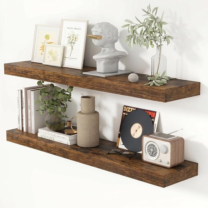 Heimlove 40 Inch Floating Shelves for Wall 8 Inch Deep Rustic Brown Shelves Set of 2,Wall Mounted Rustic Wood Long Floating Shelf with Invisible Brackets for Bedroom Kitchen Living Room