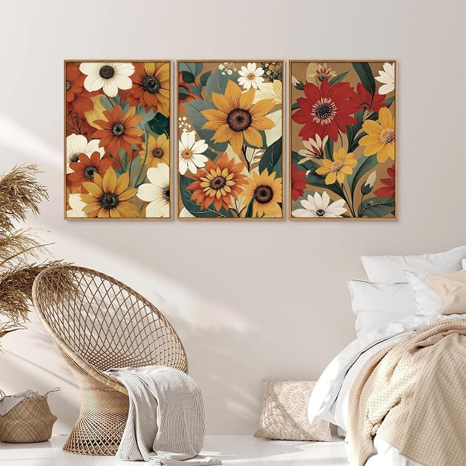 KYLESONLIE Vintage Floral Framed Canvas Wall Art Set, Boho Rustic Sunflower Daisy Wall Decor, Burnt Orange Flower Art Paintings, Retro Colorful Botanical for Living Room Bedroom Farmhouse 16"x24"x3