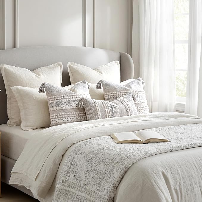 BlissBlush Gray Decorative Lumbar Pillow Cover 14x24, Boho Accent Throw Pillow Case for Couch Sofa Bed, Modern Farmhouse Textured Lumbar Cushion Bedroom Living Room, Cover ONLY