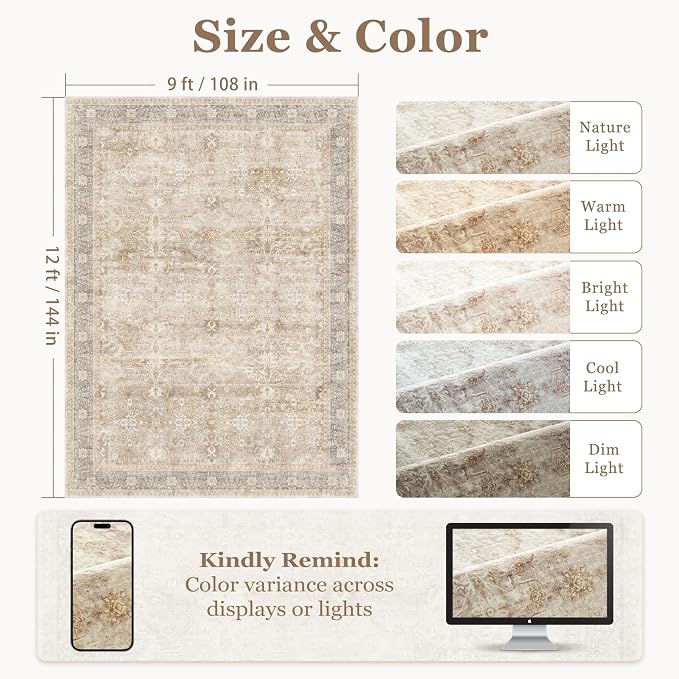 Vintage Neutral Large Area Rugs 9x12 for Living Room, Earth Tone Beige Taupe Big Room Carpet Rug for Bedroom Dining Room, Washable Rug with Rubber Backing Low Pile Thin Soft for Family Room