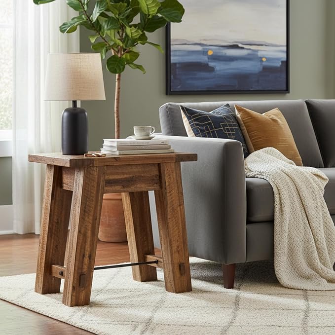 Alaterre Furniture Durango Solid Wood Side Table with Metal Accent, 27-Inch | Rustic Industrial Nightstand and End Tables, Storage Shelf, Metal Accent, Natural Grain, for Living Room, Bedroom, or Office