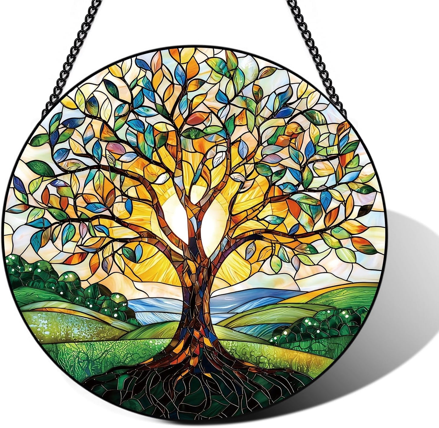 Stained Glass Window Hanging – Double-Sided Glass Sun Catcher with Chain – Memorial Window Art Panel for Home Décor, Spiritual Comfort, and All-Occasion Gifting