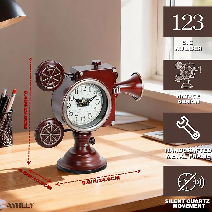 AYRELY® Vintage Industrial Film Projector Mantel Clock, Battery Operated Metal Shelf & Table Clock, Retro Home Décor Gift for Film Lovers, Living Room, Fireplace & Media Room