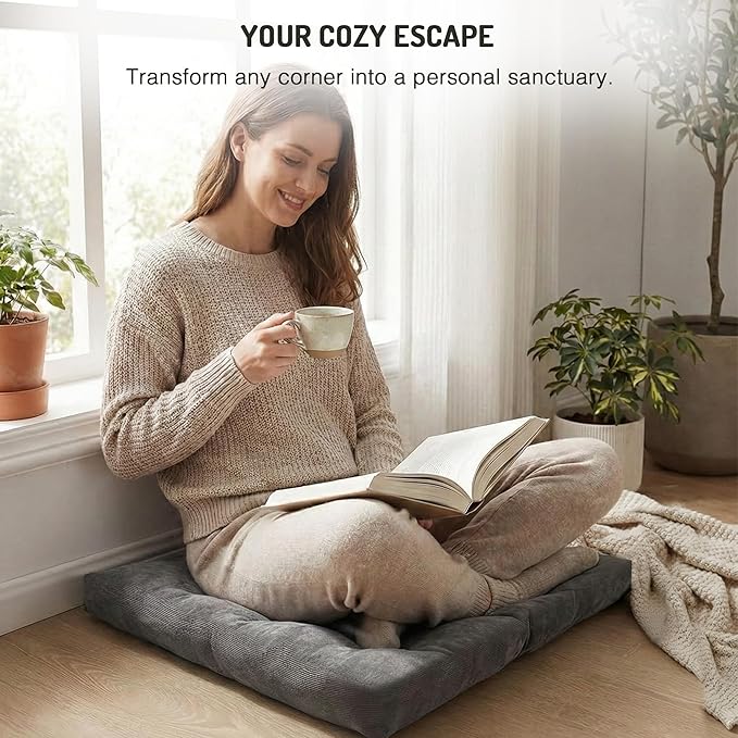 Meditation Floor Pillow Set of 2, Square Large Pillows Seating for Adults, Tufted Corduroy Cushion for Reading Corner, Dorm Room and Living Room, Grey, 22x22 Inch