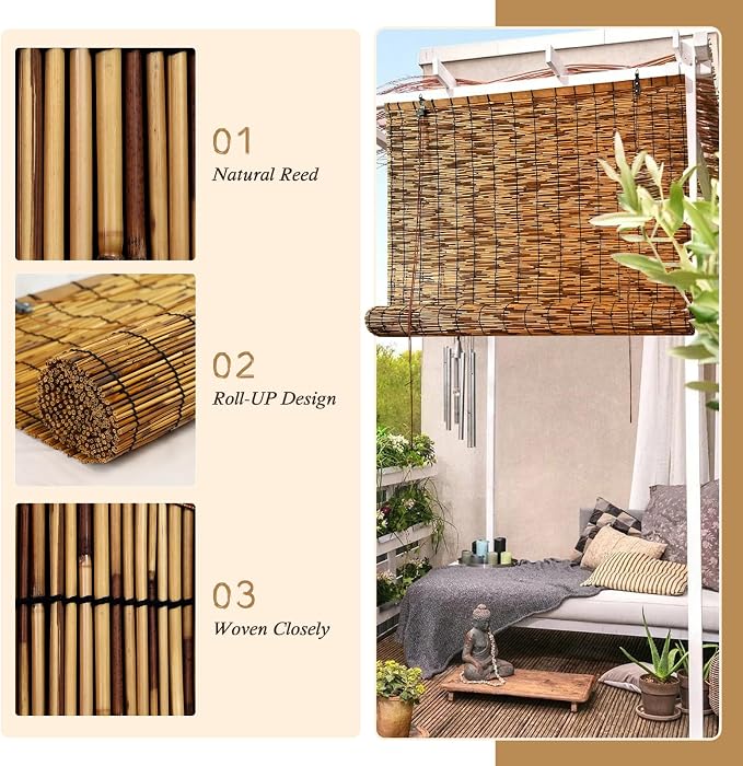 Bamboo Roll up Shade,2 Pack Reed Roller Shutters Retro Reed Curtains,47" W x 71" H Bamboo Window Blinds for Outdoor Patio Natural Bamboo Blinds