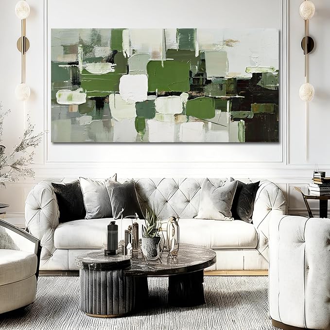 ZUNARE Abstract Geometric Wall Art Green White Black and Gray Canvas Painting, Layered Color Block Modern Artwork for Living Room Bedroom Kitchen Office Wall Decor 24"x48"