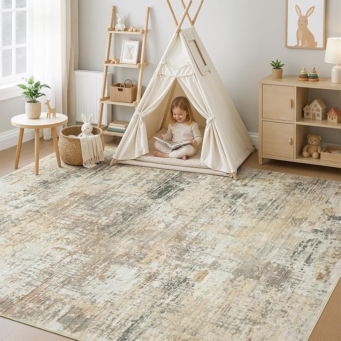 Rugflix 8x10 Area Rugs for Living Room, Washable Large Rug Stain-Resistant Low Pile, Modern Neutral Carpet for Dining Room Home Office Kid Room Nursery Bedroom, Gold/Beige/Grey