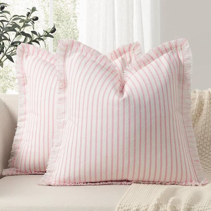 ZWJD Throw Pillow Covers 24x24 Set of 2 Striped Pillow Covers with Fringe Chic Cotton Decorative Pillows Square Cushion Covers for Sofa Couch Bed Living Room Farmhouse Decor, (Pink)