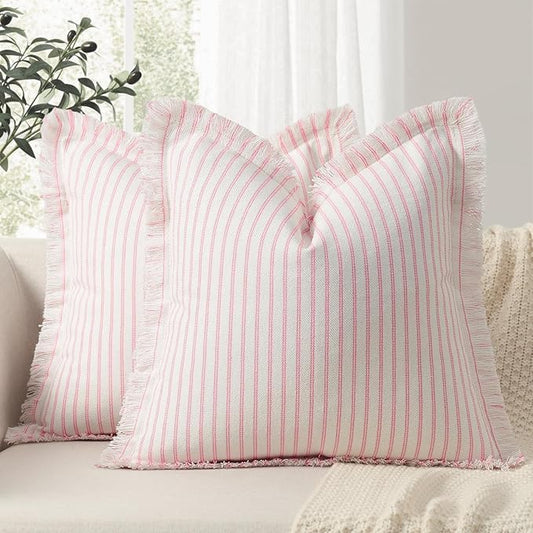 ZWJD Throw Pillow Covers 24x24 Set of 2 Striped Pillow Covers with Fringe Chic Cotton Decorative Pillows Square Cushion Covers for Sofa Couch Bed Living Room Farmhouse Decor, (Pink)