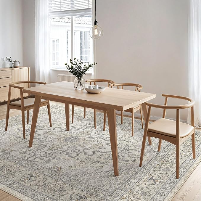 Tortania Area Rug Living Room Rugs - 10x12 Washable Boho Rug Vintage Oriental Distressed Farmhouse Large Thin Indoor Carpet for Living Room Bedroom Under Dining Table Home Office - Beige Linen