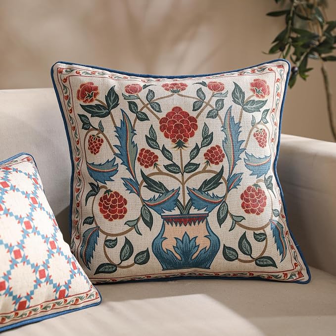 patdrea Designer French Vintage Linen Throw Pillow Cover,18"x18"-Puno B | Elegant Decorative Pillow Case with Zipper,Elegant Floral Pattern,Pillow Cover for Couch Living Room Bedroom Sofa