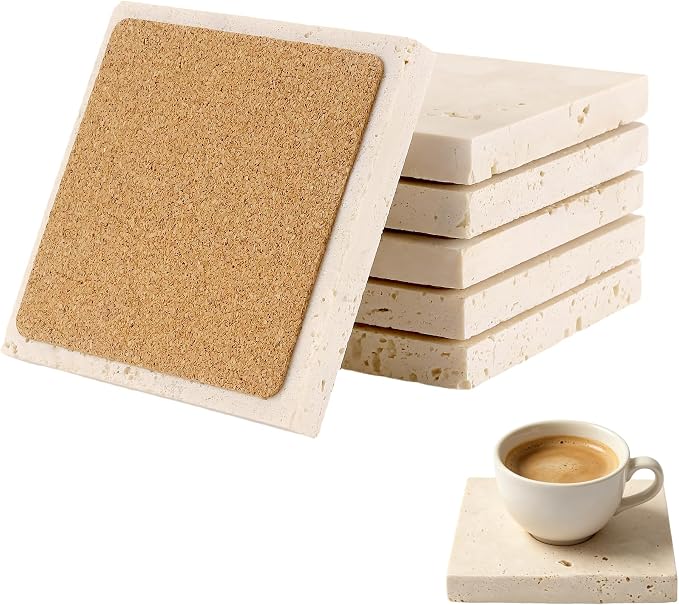 6 Pack 4 Inch Square Travertine Coaster, Absorbent Marble Coaster with Cork Pad Travertine Drink Coasters Stone Coasters for Home Decor, Coffee Tabletop