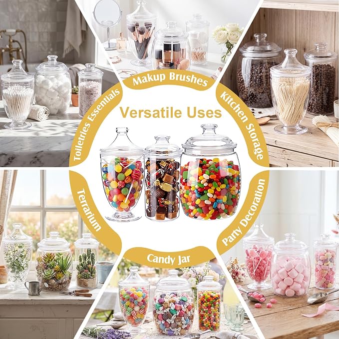 3 Pcs Plastic Apothecary Jar with Lid Decorative Crystal Candy Jar for Candy Buffet Bathroom Storage Canisters Wedding Decor Acrylic Organization Canisters for Home