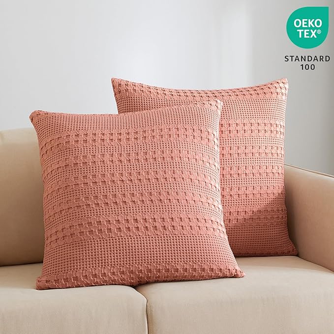 PHF 100% Cotton Waffle Weave Euro Sham Covers, 2 Pack 26" x 26" Bed Pillow Covers for Elegant Home Decor, No Filling, Luxury Aesthetic Soft Euro Pillow Cases for Bed, Canyon Clay