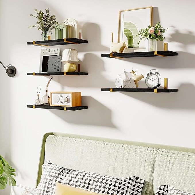 Fixwal Floating Black Gold Shelves Set of 5, Width 4.7 Inches, Rustic Wood Wall Storage Shelves for Bedroom, Living Room, Kitchen, Bathroom, Home Decor, Laundry Room, Office and Plants