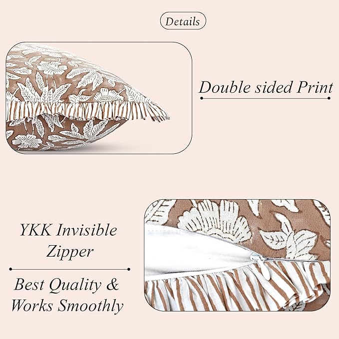 Ridhi Block Print Oak Brown Throw Pillow Cover 18" x 18" (Pack of 2) Decorative Cushion Covers with Ruffle for Couch, Sofa, Bed, Living Room, Home Decor Gift for Spring, Easter, Valentine