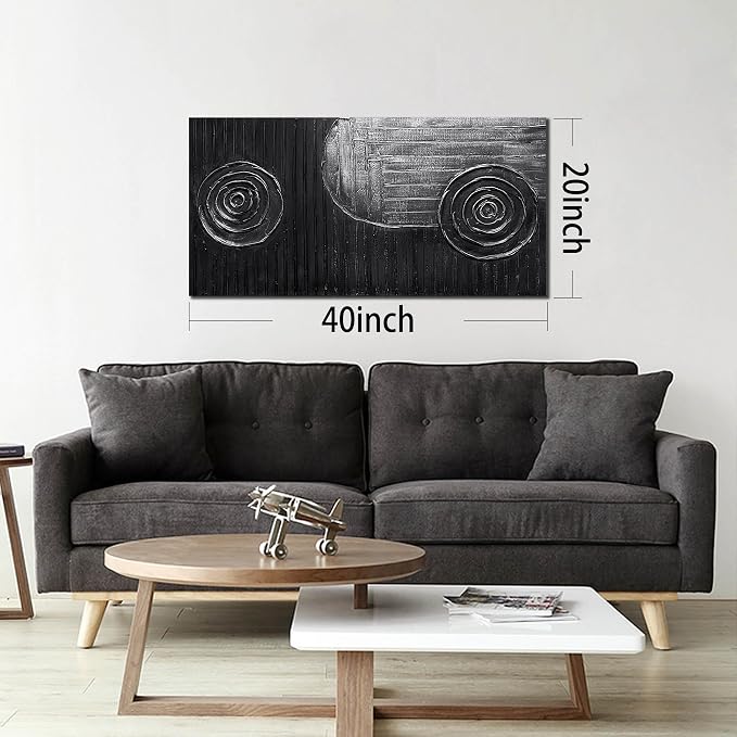 Abstract Oil Painting Wall Art Bedroom Black and Silver Canvas Wall Art for Living Room Circles Pictures Wall Decor for Kitchen Size 20 x 40 Inch