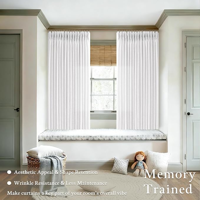 Semi Sheer Curtains 63 Inch Length 2 Panel Set for Kitchen Dining Small Windows Pinch Pleated Boho Linen Light Filtering Snow White Curtains Privacy Pinch Pleat Back Tab for Living Room Bedroom