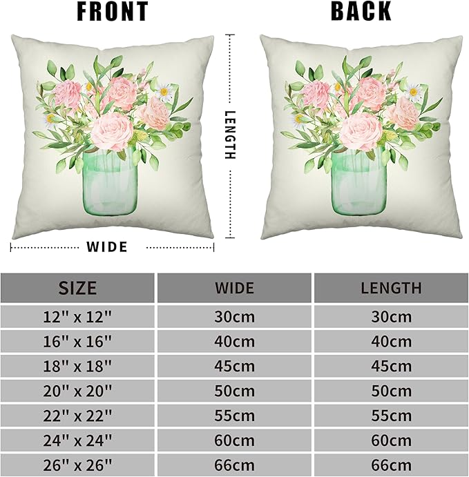 Watercolor Pink Rose Throw Pillow Covers Hello Spring Pillow Covers for Indoor Outdoor Decoration Shabby Chic Flower Square Cushion Case 22x22 Set of 2