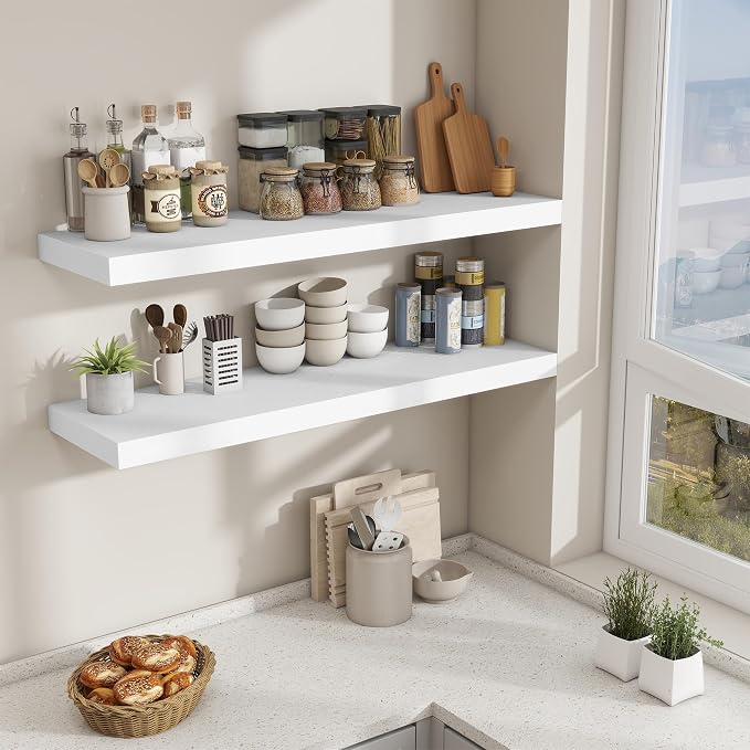 Fun Memories 48 Inch Floating Shelves for Wall - 12 Inch Deep Fireplace Mantel Shelf - Wood Floating Shelf for Wall - Large Storage Shelves Wall Mount for Living Room & Bedroom - White - Set of 1