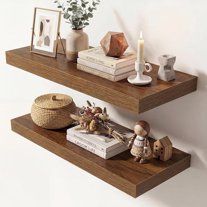 Dreamland 24 Inches Floating Shelves for Wall,9.3" Deep Long Floating Shelves Set of 2,Large Display & Storage Shelf,Wall Shelf for Bathroom Bedroom Living Room Kitchen Office,Walnut